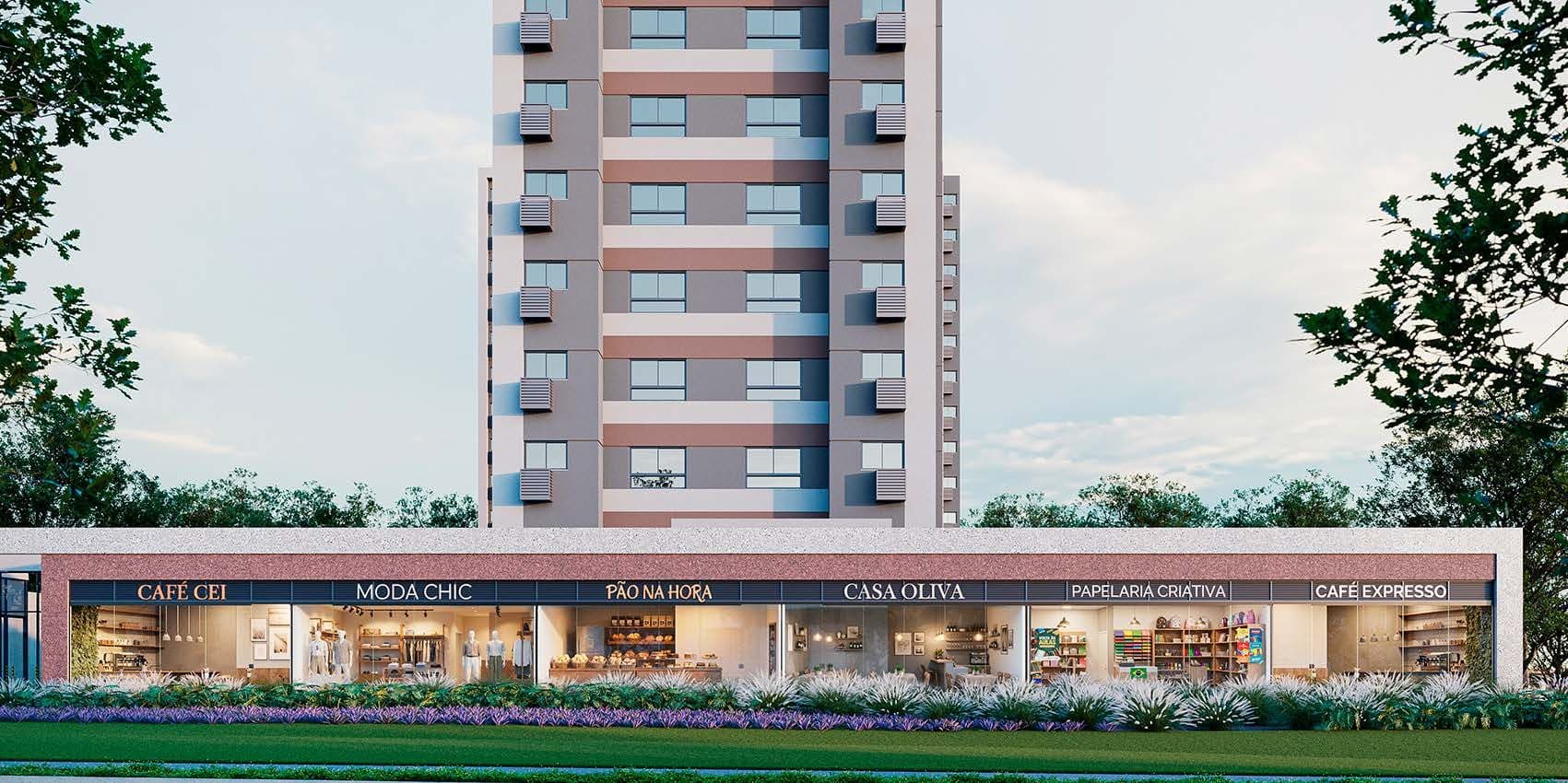 Térreo comercial do Residencial Vitta, com lojas de acesso independente