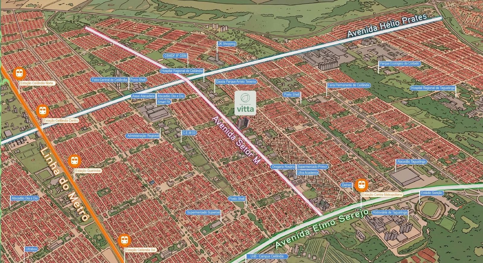 Mapa ilustrado da região do Residencial Vitta em Ceilândia, com pontos de referência e linha do metrô